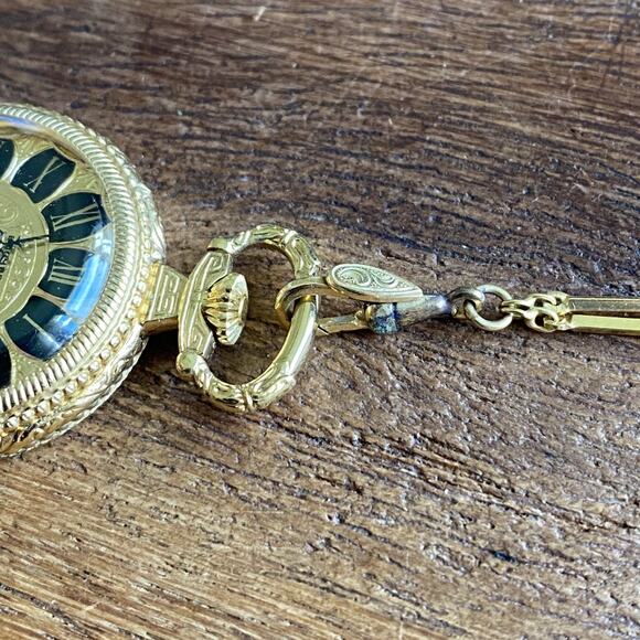 Bucherer Gold Tone Floral Engraved Pendant Pocket Watch w/ Chain *Read* - Picture 8 of 12